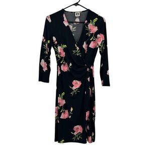 Anne Klein Womens Black Pink Floral Faux Wrap Dress 6 3/4 Sleeve Knee‎ Length